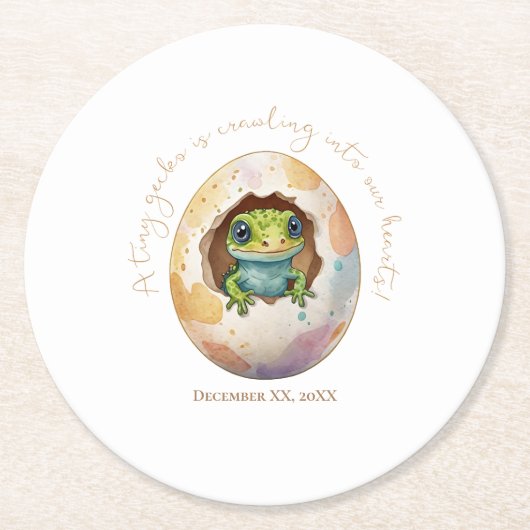 Niedlich Kawaii Gecko Lizard Egg Babydusche Runder Pappuntersetzer (Vorderseite)