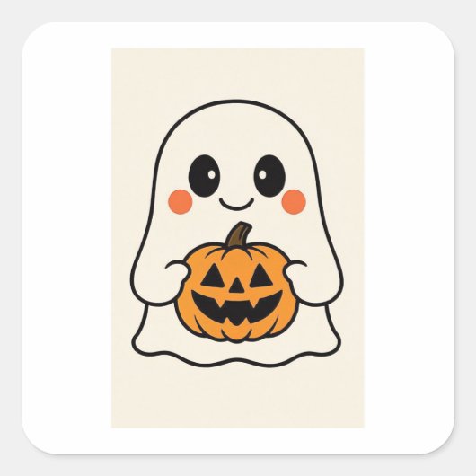 Niedlich Kawaii Ghost mit Pumpkin Quadratischer Aufkleber (Vorderseite)