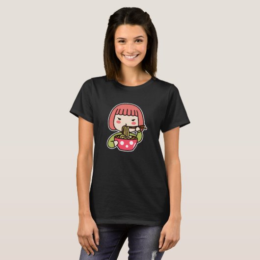 Niedlich Kawaii Girl aß Ramen T-Shirt (Vorne ganz)