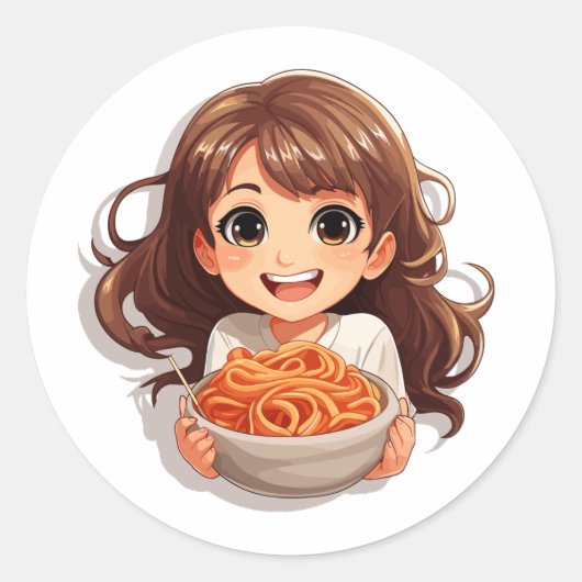 Niedlich Kawaii Girl Eating Spaghetti Runder Aufkleber (Vorderseite)