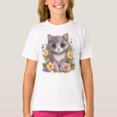Niedlich Kawaii Gray Kitten mit Blume T-Shirt (Vorderseite)