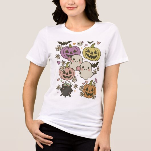 Niedlich Kawaii Halloween Ghost Pumpkin Tshirt (Vorderseite)