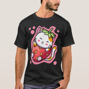 Niedlich Kawaii Katze Erdbeeren Milch Japanisch An T-Shirt