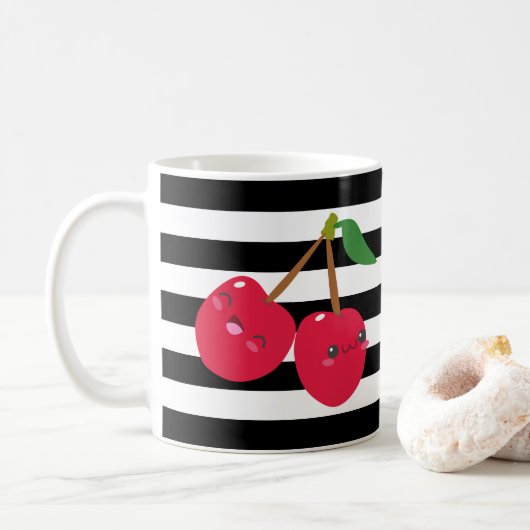 Niedlich Kawaii Kirry Schwarz und Weiß Streifen Kaffeetasse (Mit Donut)