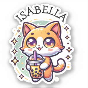 Niedlich Kawaii Kitten mit Bubble Tee Personalisie Aufkleber