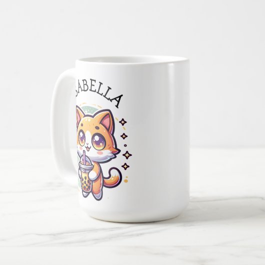 Niedlich Kawaii Kitten mit Bubble Tee Personalisie Kaffeetasse (Vorderseite Links)