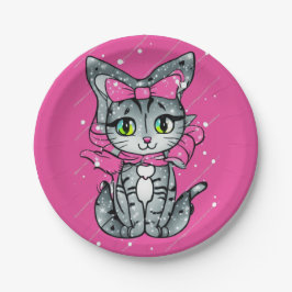 Niedlich Kawaii Kitten mit einem Glitzer Rosa Hint Pappteller