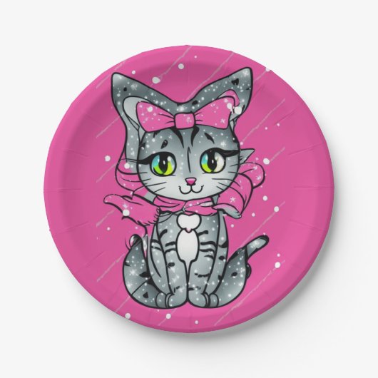 Niedlich Kawaii Kitten mit einem Glitzer Rosa Hint Pappteller (Vorderseite)