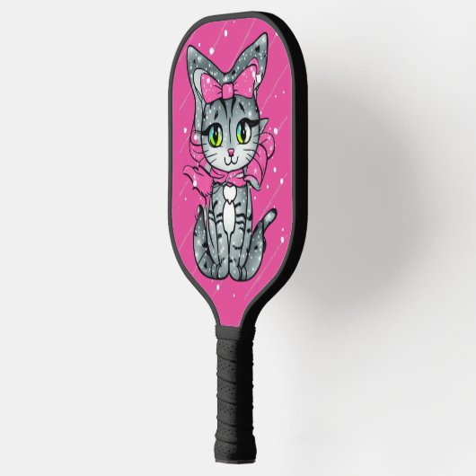 Niedlich Kawaii Kitten mit einem Glitzer Rosa Hint Pickleball Schläger (Links)