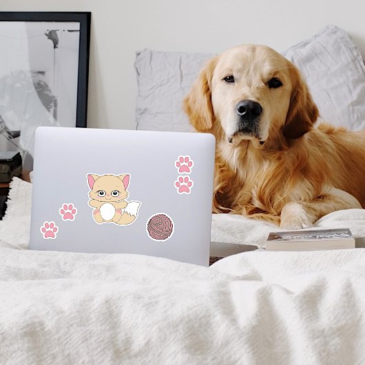 Niedlich Kawaii Kitten und Paw Prints Aufkleber