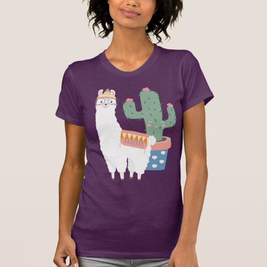 Niedlich Kawaii Llama und Kaktus Illustration T-Shirt (Vorderseite)