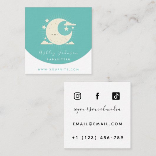Niedlich Kawaii Moon Babysitter Chilcare Social Me Quadratische Visitenkarte (Vorne/Hinten)