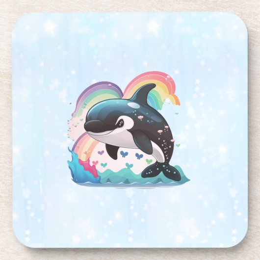 Niedlich Kawaii Orca Killer Whale Rainbows Schmett Getränkeuntersetzer (Vorderseite)