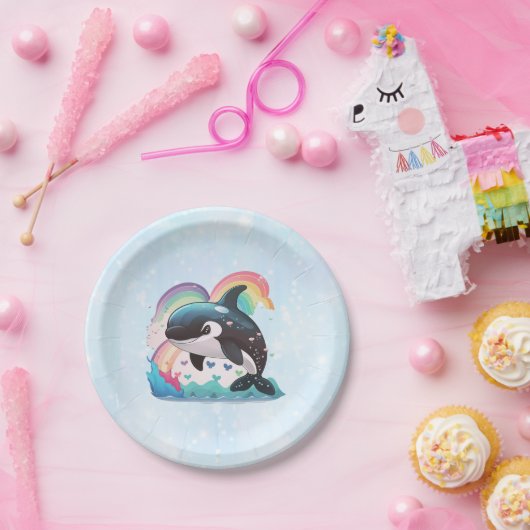 Niedlich Kawaii Orca Killer Whale Rainbows Schmett Pappteller (Party)