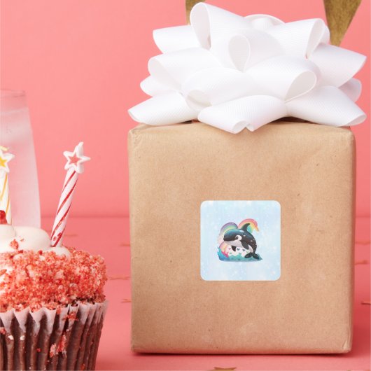 Niedlich Kawaii Orca Killer Whale Rainbows Schmett Quadratischer Aufkleber (Party)