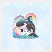 Niedlich Kawaii Orca Killer Whale Rainbows Schmett Quadratischer Aufkleber (Vorderseite)