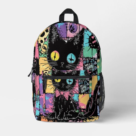 Niedlich Kawaii Pastel Goth Patchwork Creepy Cat Bedruckter Rucksack (Vorderseite)