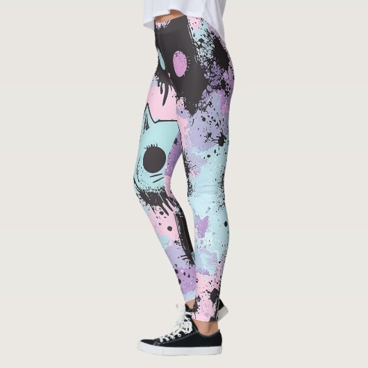Niedlich Kawaii Pastel Goth Patchwork Creepy Cat Leggings (Links)