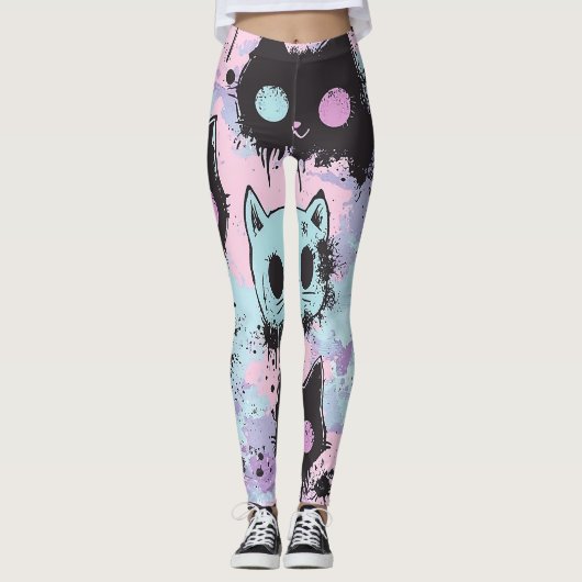 Niedlich Kawaii Pastel Goth Patchwork Creepy Cat Leggings (Vorderseite)
