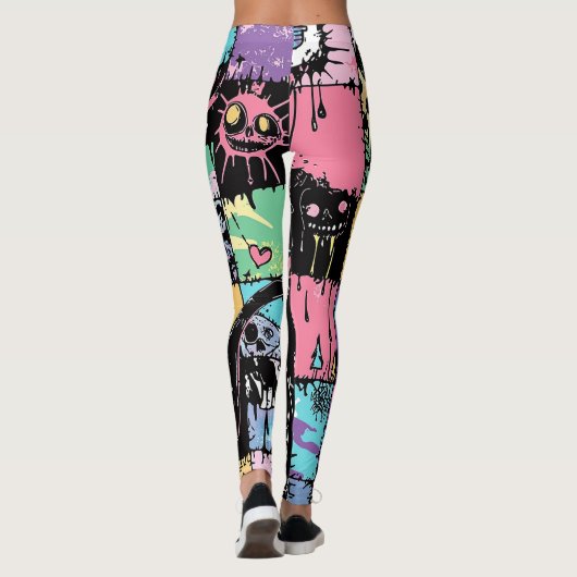 Niedlich Kawaii Pastel Goth Patchwork Creepy Cat Leggings (Rückseite)