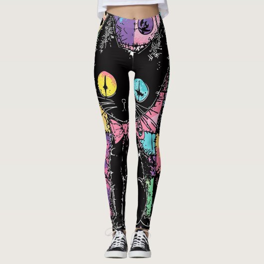 Niedlich Kawaii Pastel Goth Patchwork Creepy Cat Leggings (Vorderseite)