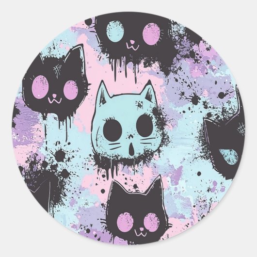 Niedlich Kawaii Pastel Goth Patchwork Creepy Cat Runder Aufkleber (Vorderseite)