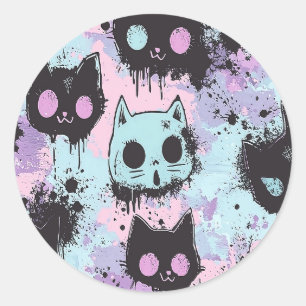 Niedlich Kawaii Pastel Goth Patchwork Creepy Cat Runder Aufkleber