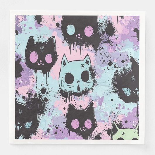 Niedlich Kawaii Pastel Goth Patchwork Creepy Cat Serviette (Vorderseite)
