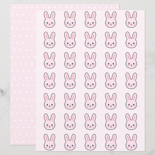 Niedlich Kawaii Pink Bunny Polka Dots Scrapbook Pa (Vorne/Hinten)