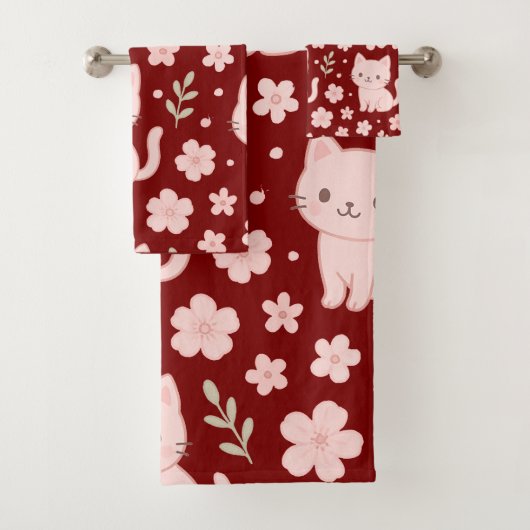 Niedlich Kawaii Pink Katzen und Blume Handtuchhalt Badhandtuch Set (Insitu)