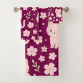 Niedlich Kawaii Pink Katzen und Blume Handtuchhalt Badhandtuch Set (Insitu)