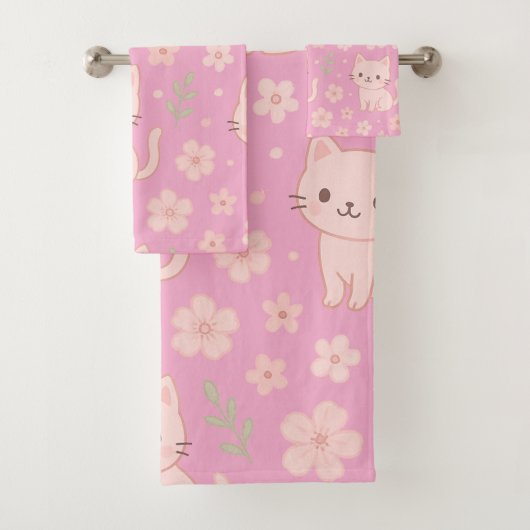 Niedlich Kawaii Pink Katzen und Blume Handtuchhalt Badhandtuch Set (Insitu)