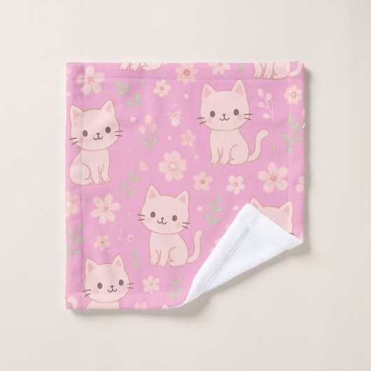 Niedlich Kawaii Pink Katzen und Blume Handtuchhalt Badhandtuch Set (Waschlappen)