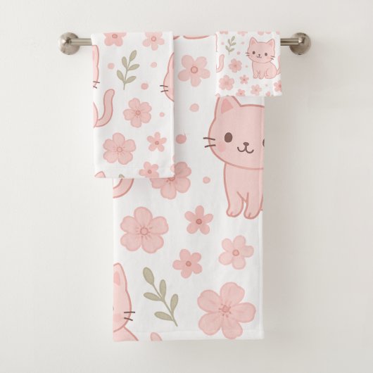 Niedlich Kawaii Pink Katzen und Blume Handtuchhalt Badhandtuch Set (Insitu)