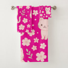 Niedlich Kawaii Pink Katzen und Blume Handtuchhalt Badhandtuch Set