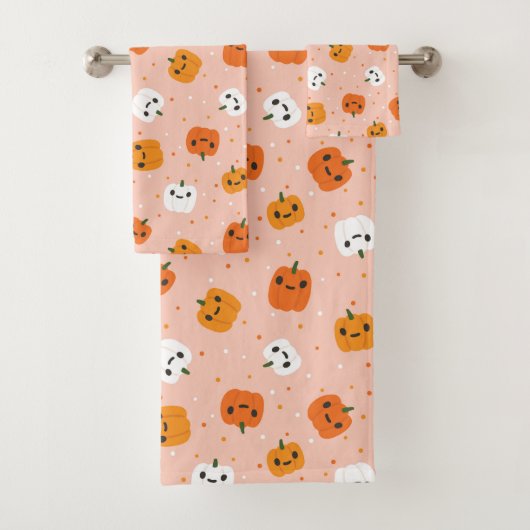 Niedlich Kawaii Pumpkin Faces Pattern Badhandtuch Set (Insitu)