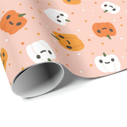 Niedlich Kawaii Pumpkin Faces Pattern Geschenkpapier (Rolleneckpunkt)