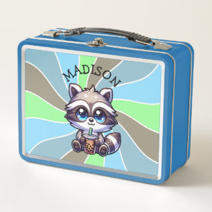 Niedlich Kawaii Raccoon mit Bubble Tee Personalisi Metall Brotdose