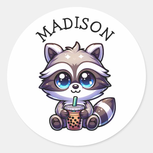 Niedlich Kawaii Raccoon mit Bubble Tee Personalisi Runder Aufkleber (Vorderseite)