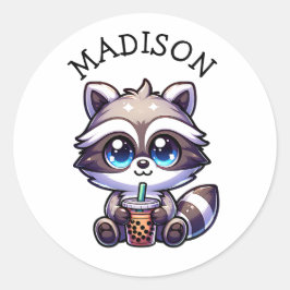 Niedlich Kawaii Raccoon mit Bubble Tee Personalisi Runder Aufkleber