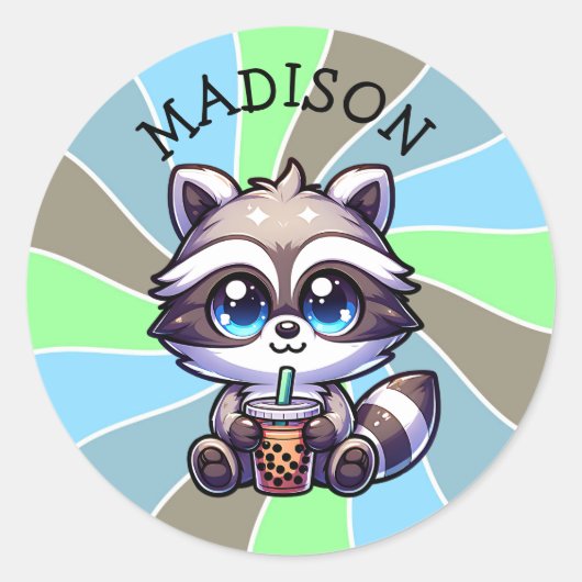 Niedlich Kawaii Raccoon mit Bubble Tee Personalisi Runder Aufkleber (Vorderseite)