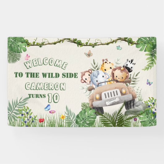 Niedlich Kawaii Safari Wilde Jungle Tiere Geburtst Banner (Horizontal)