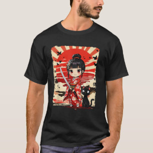 Niedlich Kawaii Samurai Girl and Cat Japanisch Ani T-Shirt