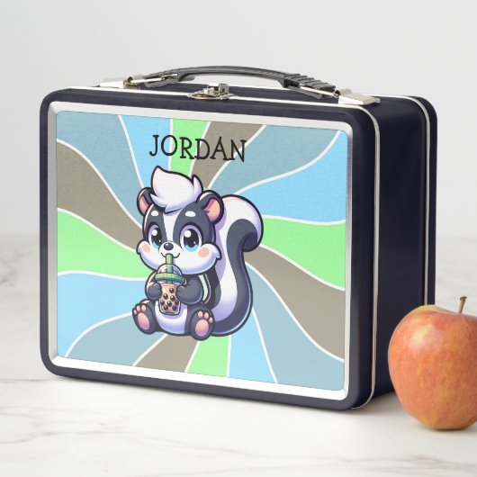 Niedlich Kawaii Skunk mit Bubble Tee Personalisier Metall Brotdose (Beispiel)