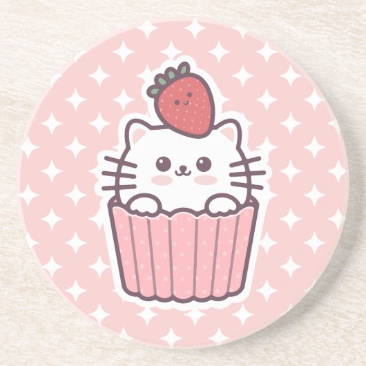 Niedlich Kawaii Strawberry Cat Cupcake Cartoon Getränkeuntersetzer (Vorne)