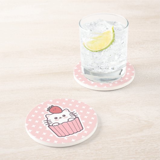 Niedlich Kawaii Strawberry Cat Cupcake Cartoon Getränkeuntersetzer (Seite)