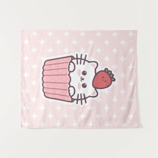 Niedlich Kawaii Strawberry Cat Cupcake Cartoon Wandteppich (Vorderseite (Horizontal))