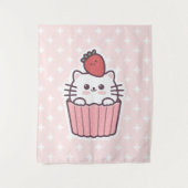 Niedlich Kawaii Strawberry Cat Cupcake Cartoon Wandteppich (Vorderseite)