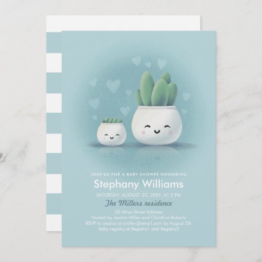 Niedlich Kawaii Succulent Boy Blue Baby Dusche Ein Einladung (Vorne/Hinten)
