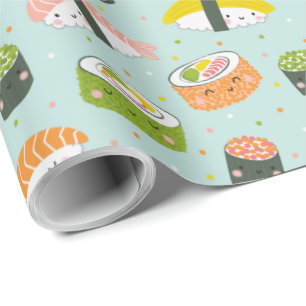 Niedlich Kawaii Sushi auf hellblau Geschenkpapier